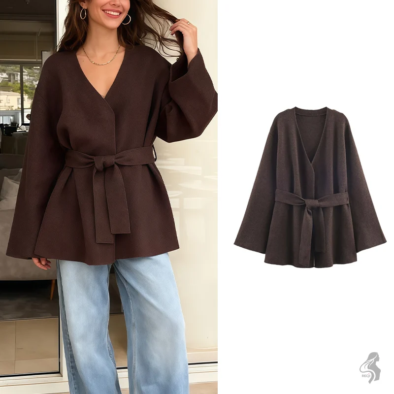 

Темно-коричневое свободное шерстяное пальто с V-образным вырезом и завязкой на талии и расклешенными рукавами, модная зимняя верхняя одежда для женщин