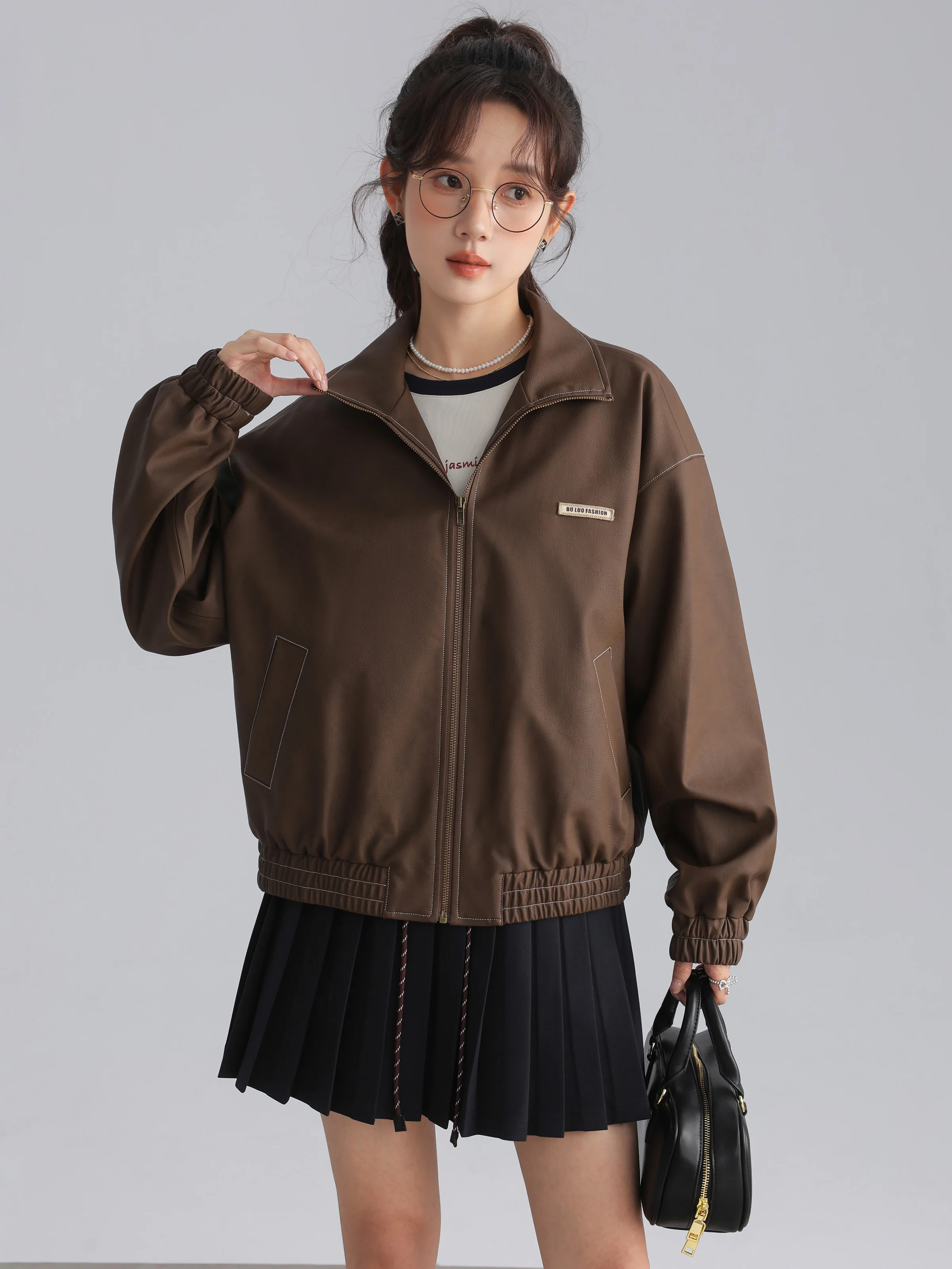 트렌디 한 레트로 느슨한 가죽 자켓 여성 대비 스티치 PU 모토 코트 캐주얼 오버 사이즈 바이커 겉옷 가을 패션 streetwear