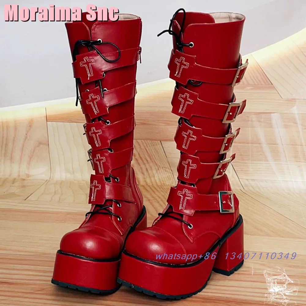 Platform Belt Buckle Knee High Boots Block Chunky Heel Lace-up Side Zipper Fashion Red Patent Leather Sexy Women's Long Boots