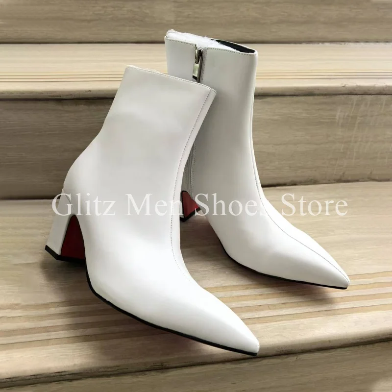 Pointed White Chunky Heel Boots For Men Ankle Boots High-heeled Zipper Black Fashion British Style Handmade Shoes Men Boots