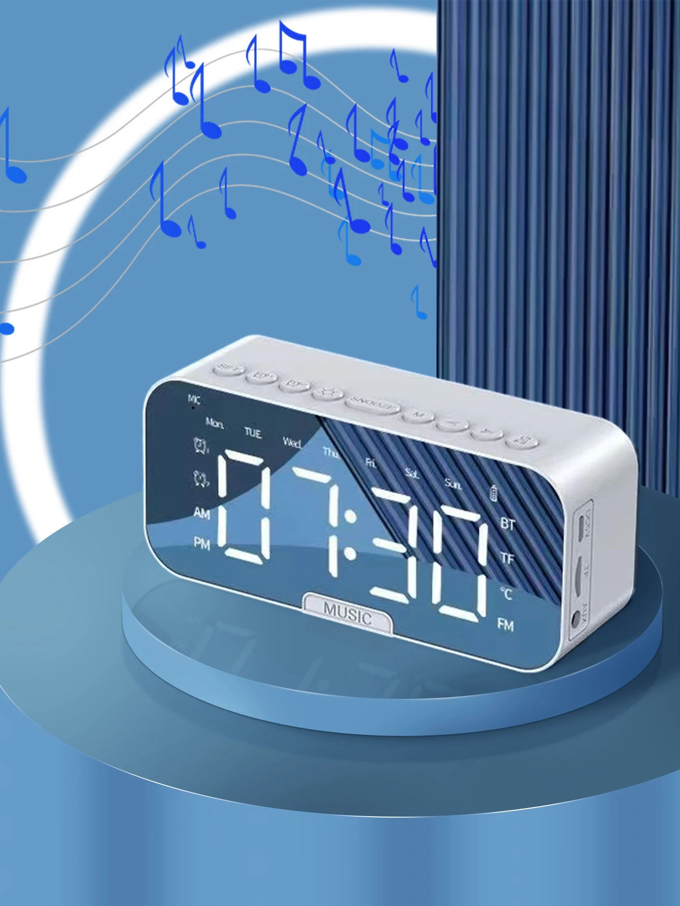Mirror Digital Alarm Clock Bluetooth Speaker with Temperature Display, FM Radio, TF Card Playback, Dual Alarms, Multifunctional