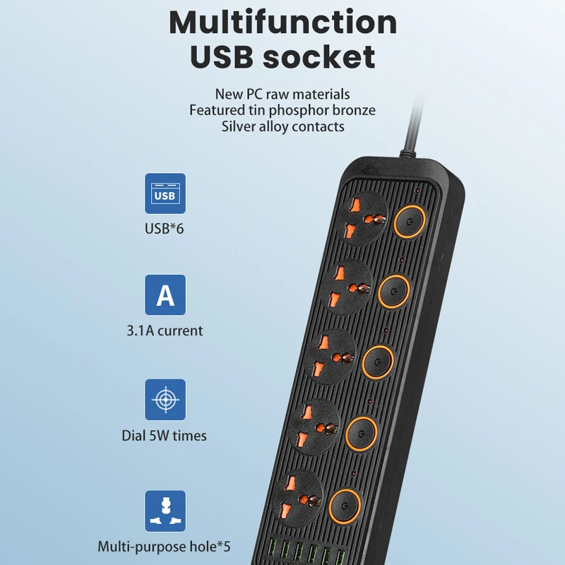 EU/UK/US Power Strip Plug Adapter With Extension Cable Electrical Sockets 6 USB Ports Smart Home Surge Protector Network Filter