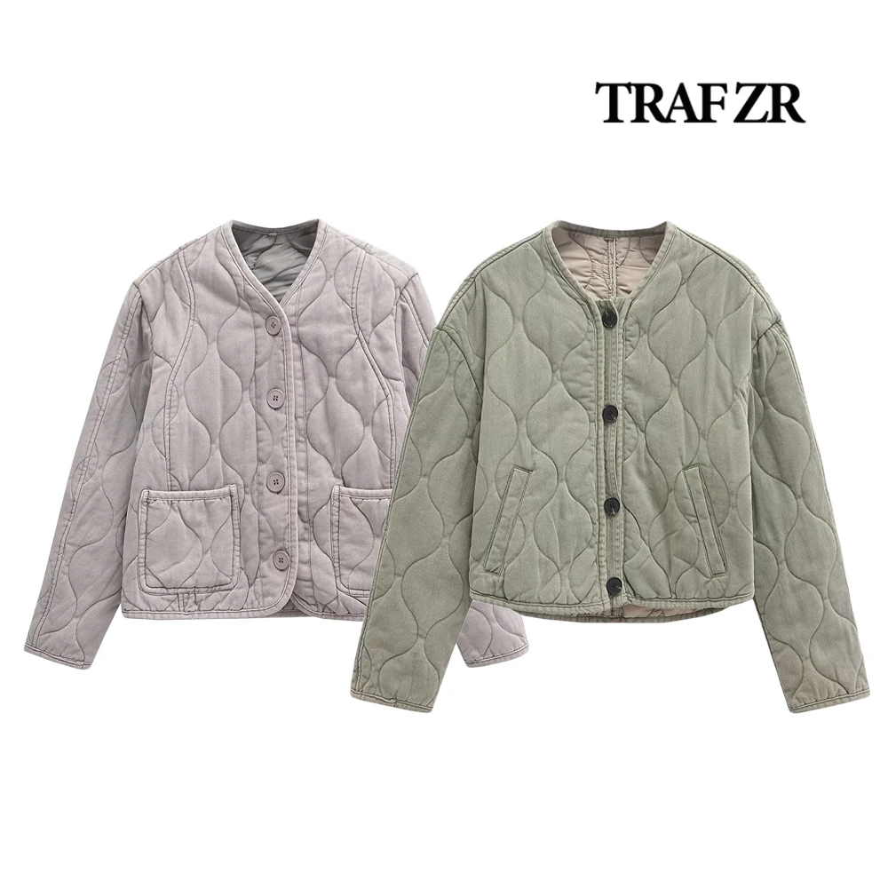 TRAF ZR Normcore Qulited Jacket with Front Pockets Comfy Long Sleeve Quilted Padded Outerwear Women's Classic Plaid Winter Coat