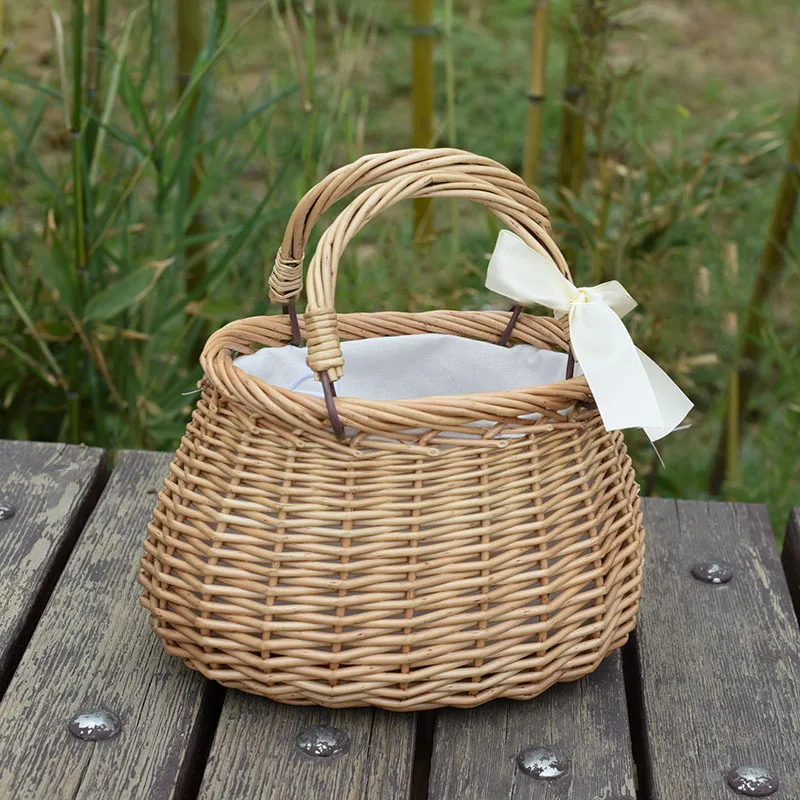 Rattan Bag Home Camping Storage Bag Shopping Tote Furit Flowers Sundries Bucket Ladies Drawstring Pouch Handmade Basket