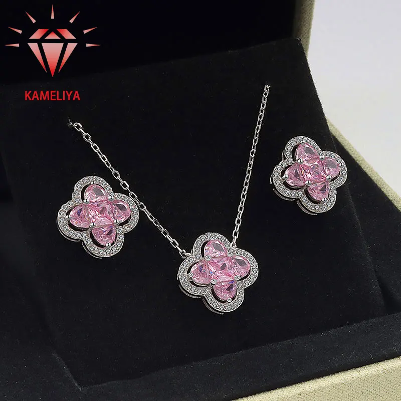 

KAMELIYA Four-leaf Clover Stud Earrings Pendant Necklace for Women Gold Plated S925 Sterling Silver Colored Zircon Jewelry Set