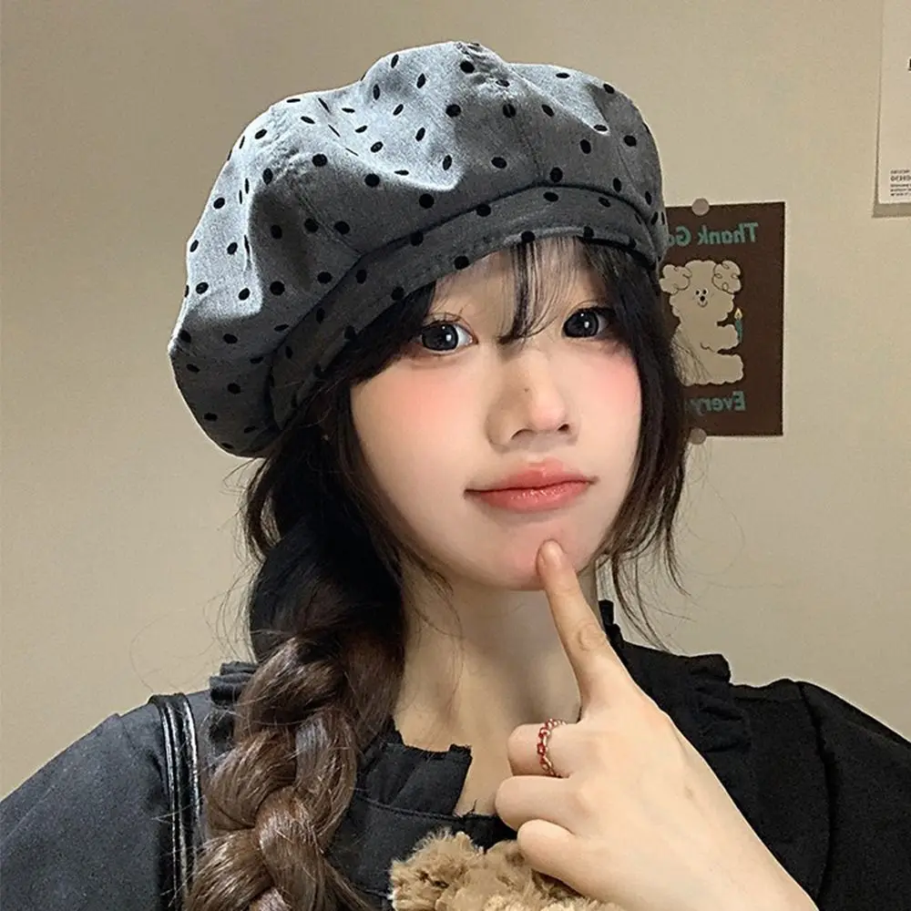 

Japanese Korean Polka Dot Berets Versatile Retro Painter Berets Casual Y2k Beanie Cap Streetwear