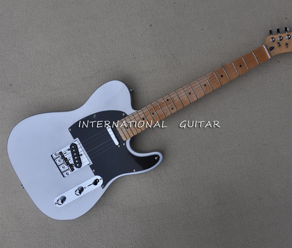 6 Strings Silver Electric Guitar with Black Pickguard,Maple Fretboard