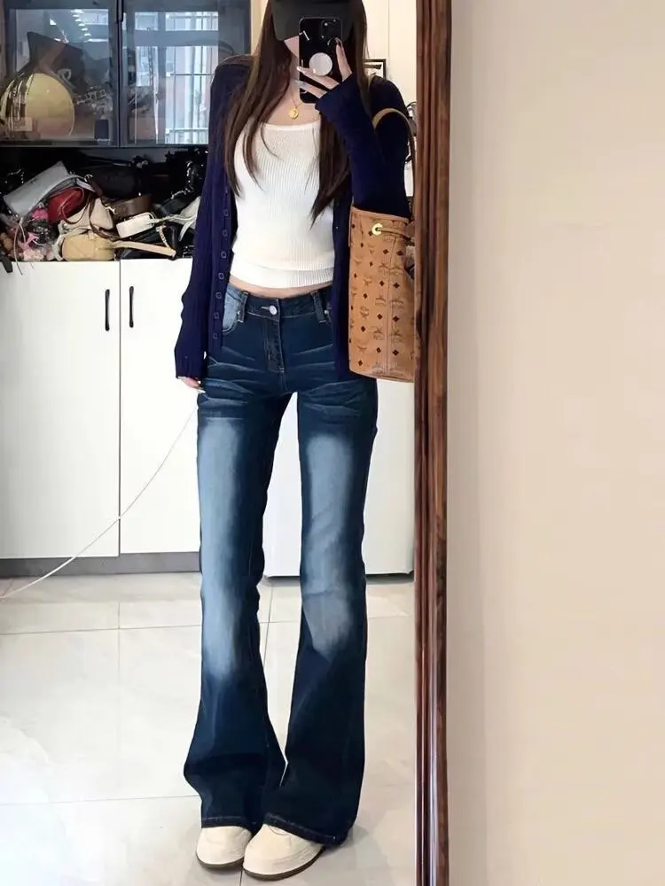 بنطال جينز نسائي من American Sle Waed متوهج من قماش الدنيم فتاة حلوة وحارة عالية الخصر للتنحيف كاجوال باللون الأزرق