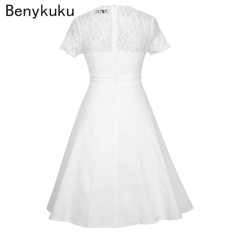 Letnia damska sukienka imprezowa Vintage V Neck Krótki rękaw Biała sukienka Wydrążona koronka Eleganckie sukienki damskie A Line Casual Vestidos