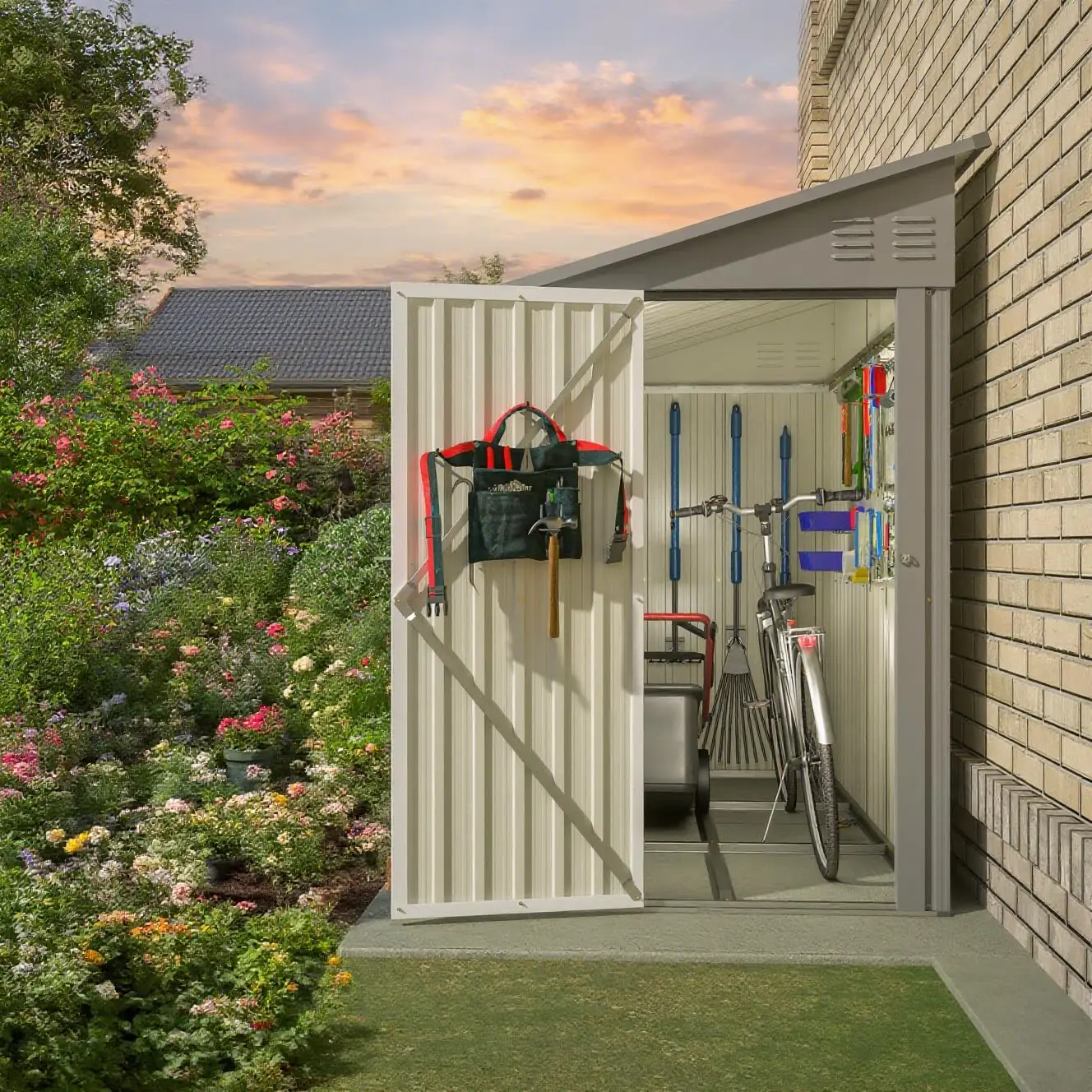 

Металлический сарай для хранения на открытом воздухе 8x4 фута с запираемой дверью, наклонной крышей, всепогодный, для сада, двора, патио, газона, на заказ