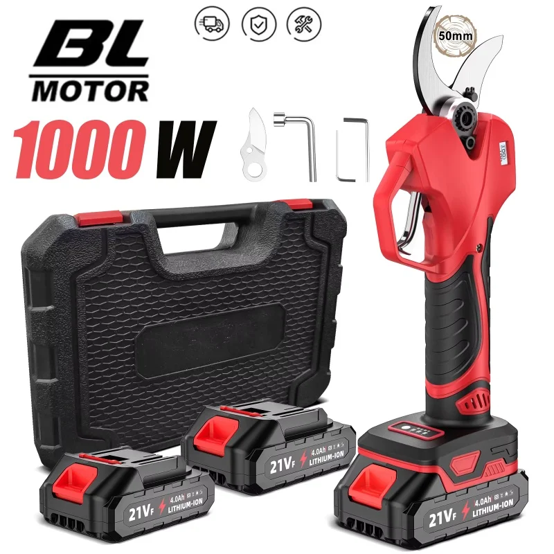 Tijeras de Podar Eléctricas de 1000 W y 5 cm, Tijeras de Podar Inalámbricas, Tijeras de Jardín para Ramas de Árboles Frutales con 2 Baterías de 21 V