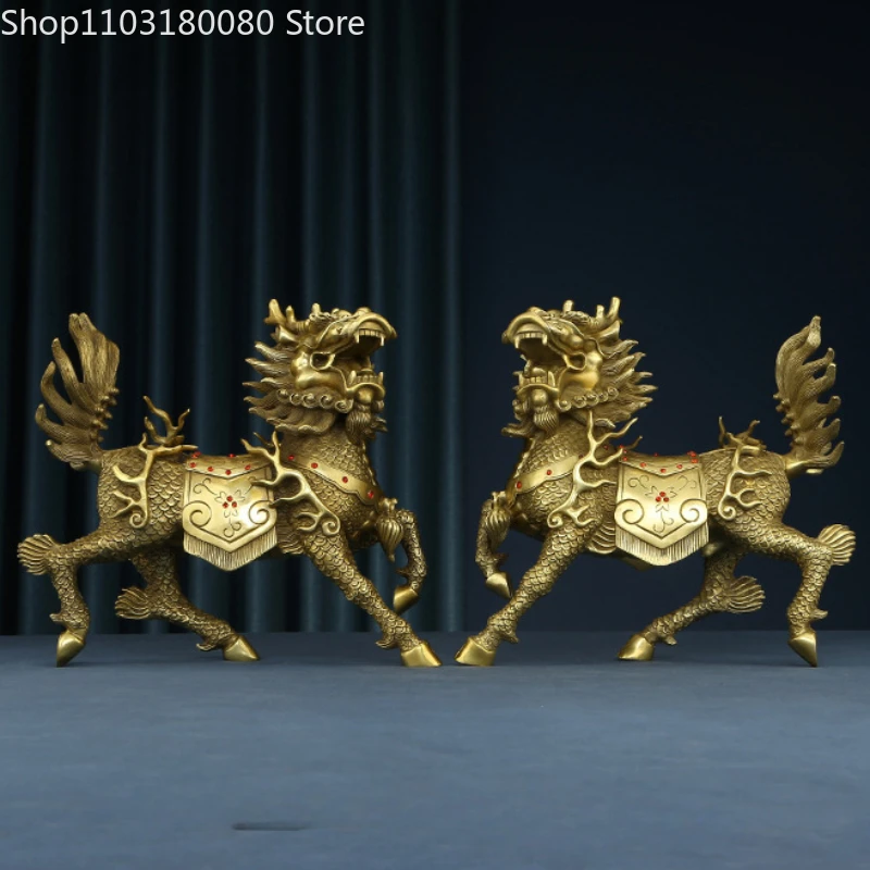 Copper brass carving kylin Statue Lucky Pixiu Chinese Fengshui decor Large size 15cm,20cm,26cm,39cm