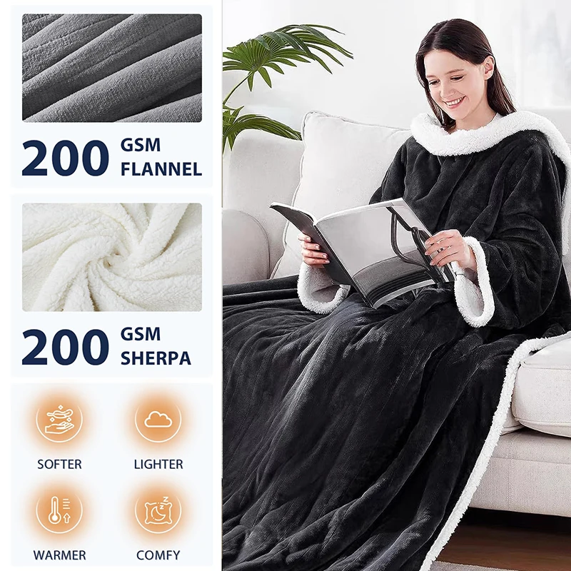 Wearable Electric Heating Sleeve Blanket Flannel & Sherpa, Electric Blankets 6 Heat Settings, 10-hour Time Auto-Off Function