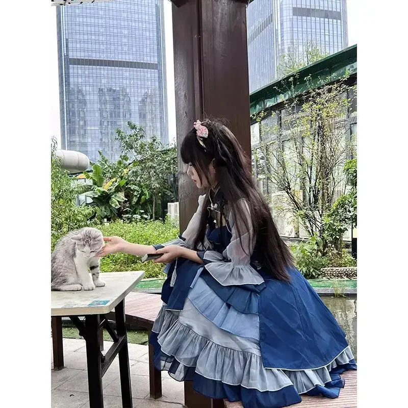 Chinese Style Han Element Lolita Dress Women Vintage Blue Patchwork Middle Sleeve Elegant Flower Print Princess Dresses