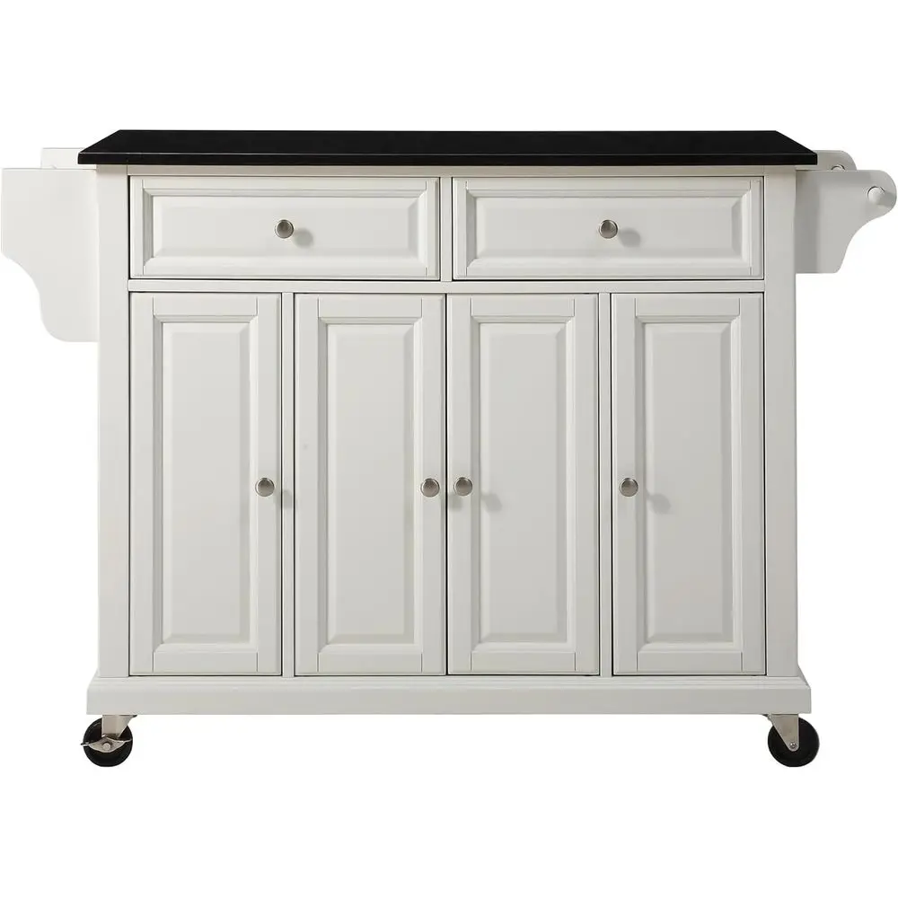 

White Granite Top Rolling Kitchen Island with Storage Cart, Microwave Stand, and Spice Rack