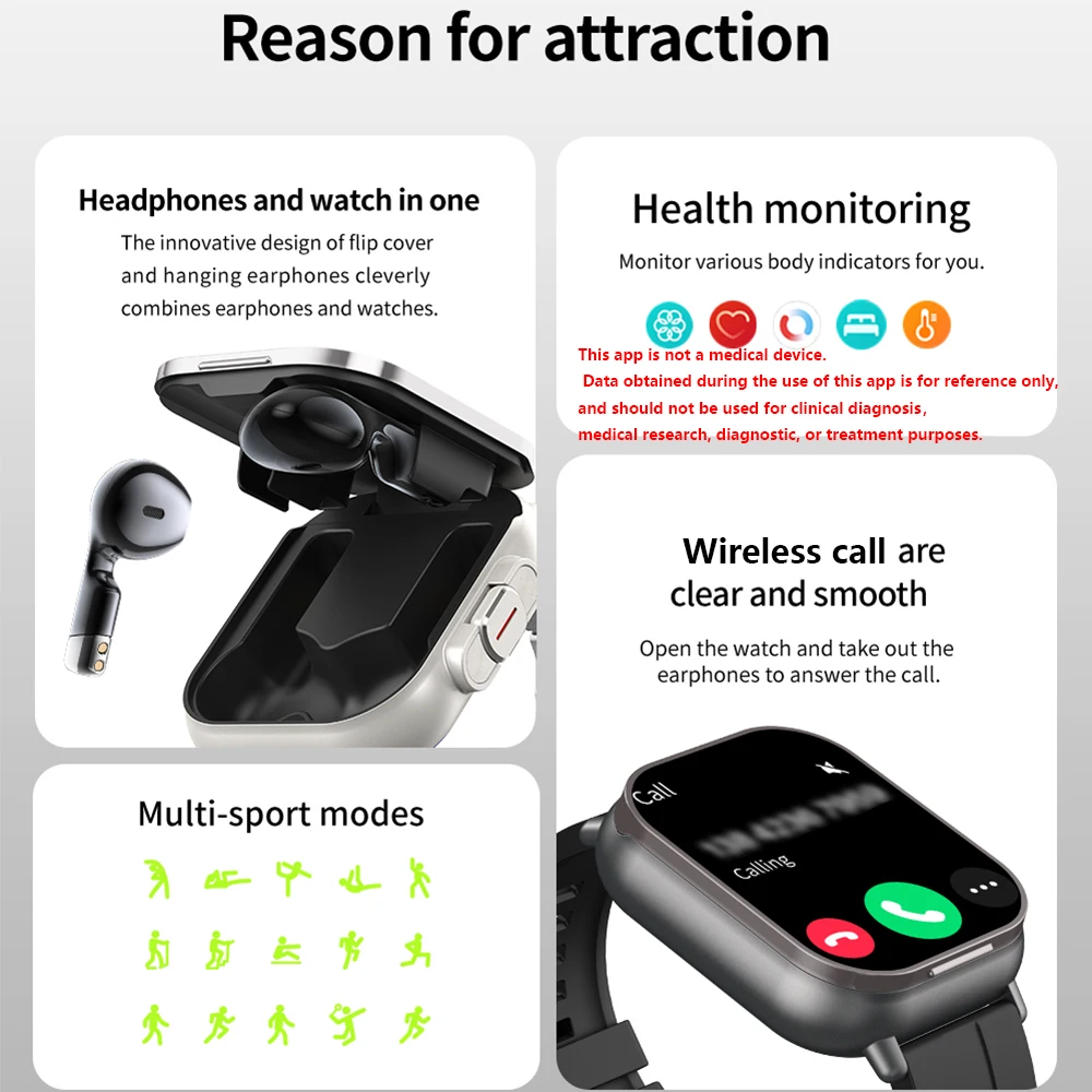 GPS Smart Watch D8 TWS 2-in-1 Headset Bluetooth Talk Heart Rate Blood Pressure Health Monitoring Headphones Play Music with To