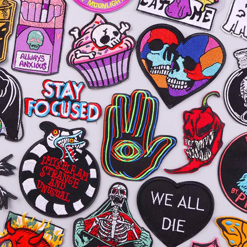 Punk Style Pach Iron On Patches On Clothes Skull/Skeleton Embroidered Patches For Clothing Stickers DIY Topible/Sewing Patch