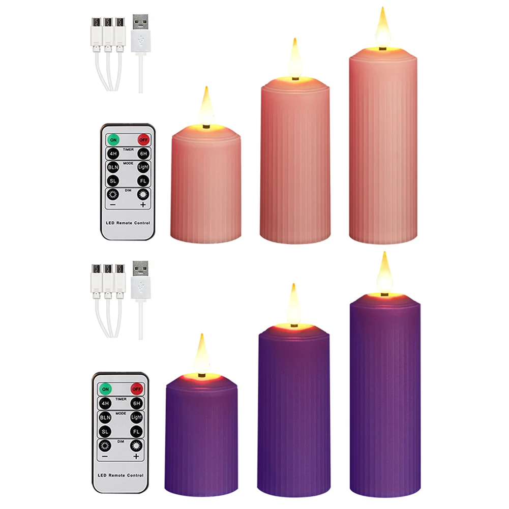 3Pcs Waterproof Pink Wedding Candles Flickering Flameless Romantic Pillar Candle Dimmable USB Rechargeable Pink Flameless Candle