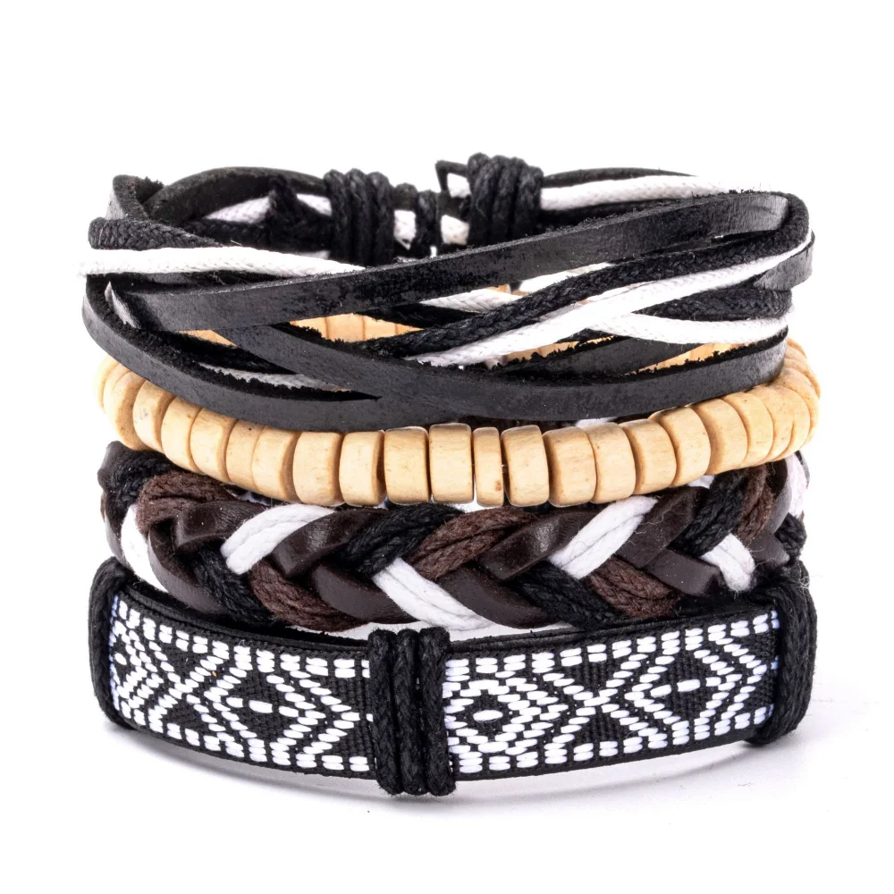4Pcs/ Set Braided Wrap Leather Bracelet for Men Vintage Life Tree Rudder Charm Wood Bead Ethnic Tribal Wristband Rope Bracelet image 4