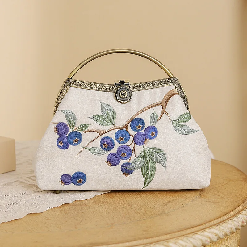 Women Vintage Embroidery Medium Size Handbag Retro Chic Cottagecore Victorian Chinese Style Mobile Phone Evening Shoulder Bag