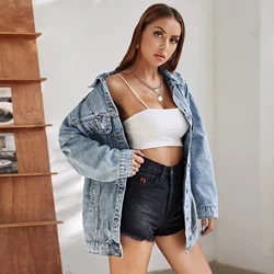 Women Denim Coat Distressed Single Breasted Jackets Holes Outerwear Cardigan High Street Spliced Solid Pockets Loose Button
