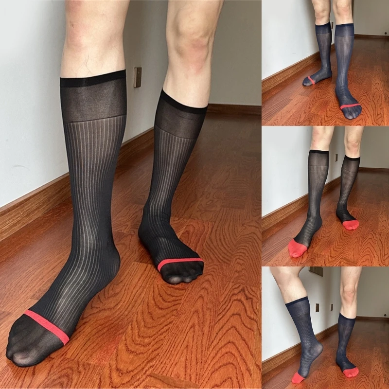 Y166 Mens Nylon Sheer Suit Socks Business Dress Socks Contrast Color Striped See Through Formal Dress Over the Calf Stockings