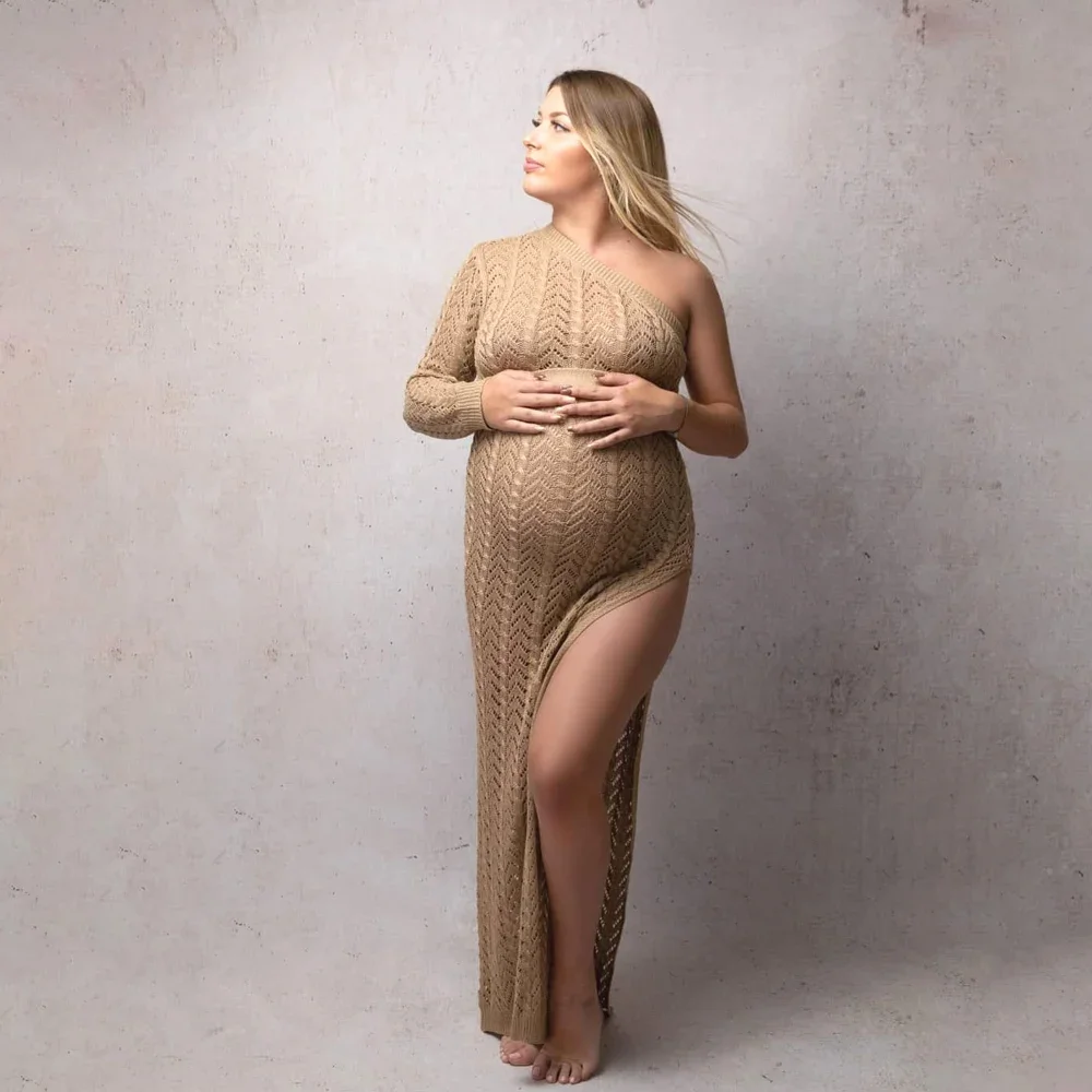 Sexy Oblique Shoulder Maternity Photography Dress High Slit Knitted Dress Long Skirt Photo Shoot Photography Dress For Women