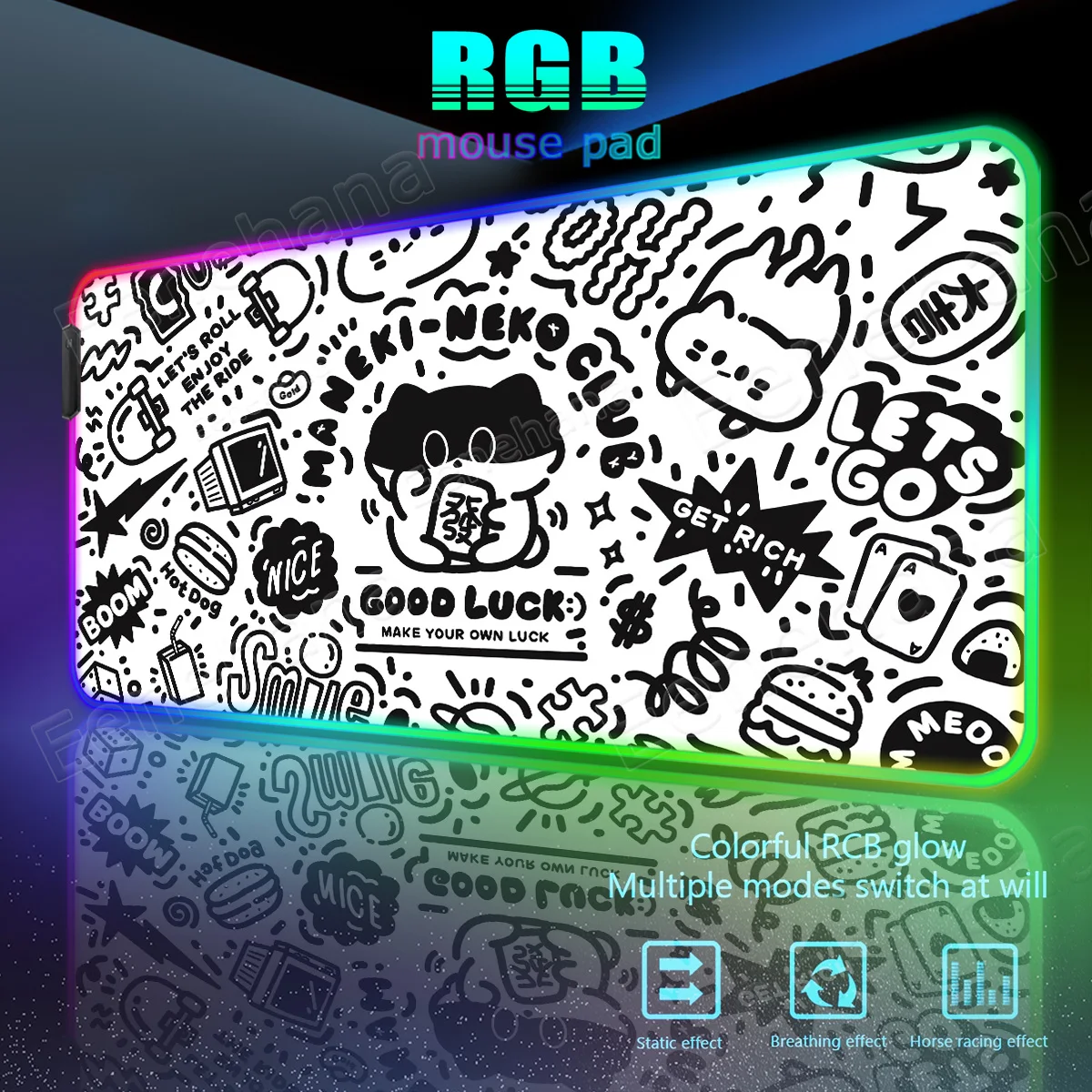 

RGB Graffiti Style Cat PC Gamer Light Mouse Pad Office Cute TableMat Gaming Laptop Luminescence Pad HD Kawaii Desk Mat for Study