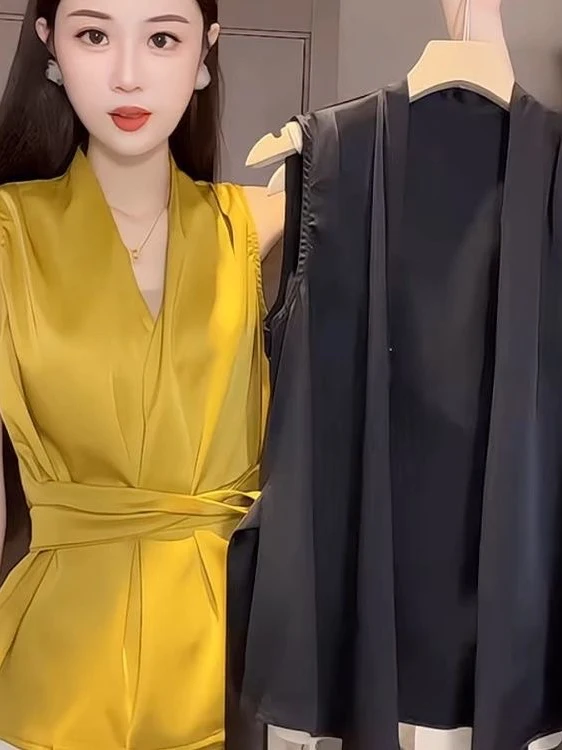 Ele V-ne Svel irt Chaleco Mujer Verano Cinturón Cintura Cinched Faionable Único Top Quali Faionable Mujer S...