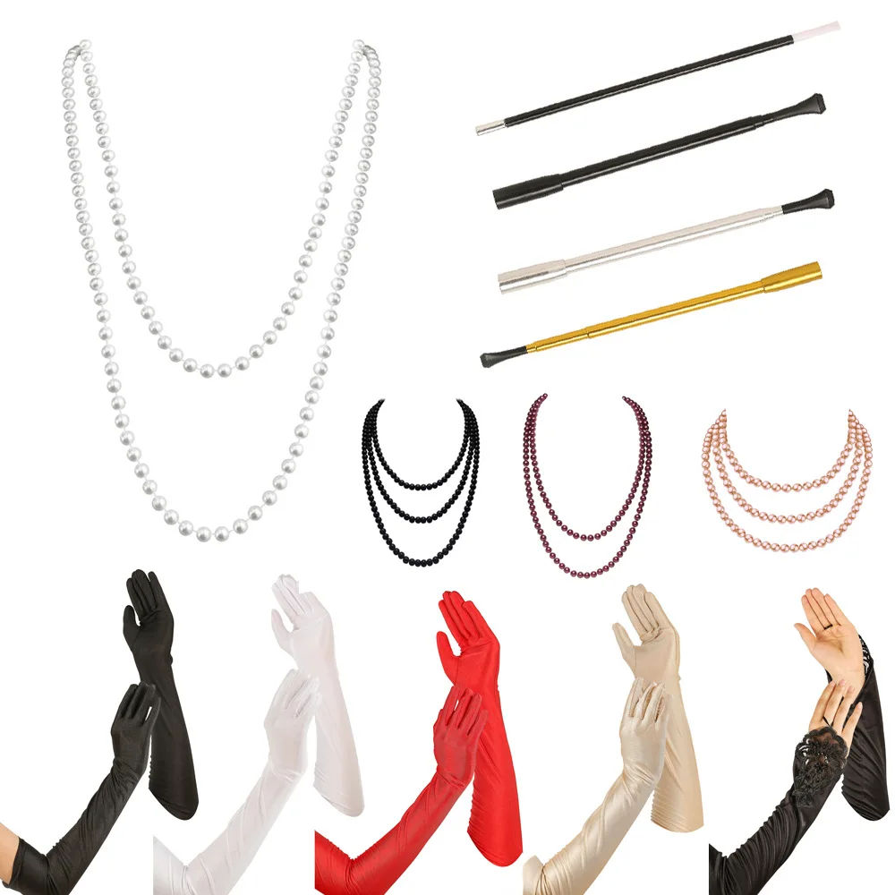 

1920s Roaring 20s Flapper Costume Accessories Set Great Gatsby Vintage Long Satin Gloves Multi-layer Pearl Necklace Cigarette