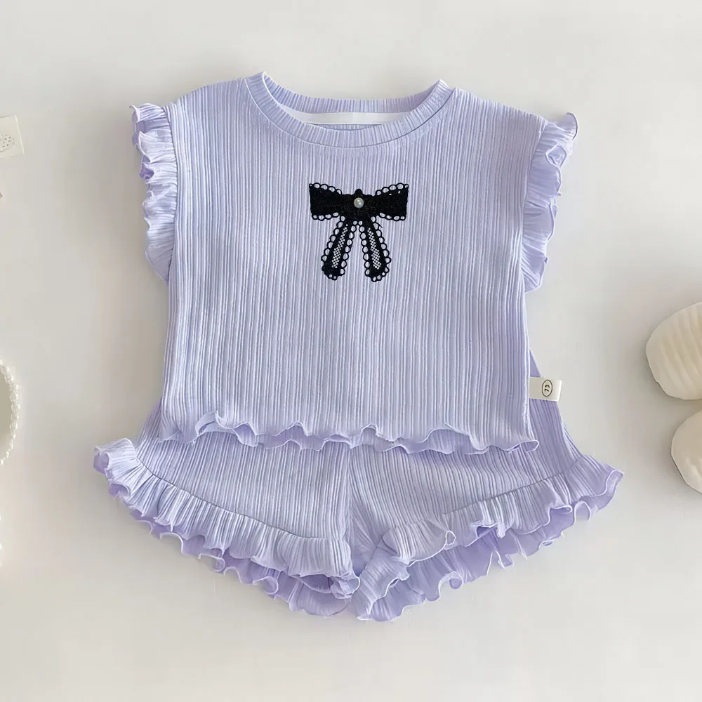 Sommer-Kindermode: Flügelärmel-Top und Shorts, 2-teiliges Set mit Spitze und Schleife, Mädchen-Freizeitoutfit, Kinder-Shorts mit elastischem Bund