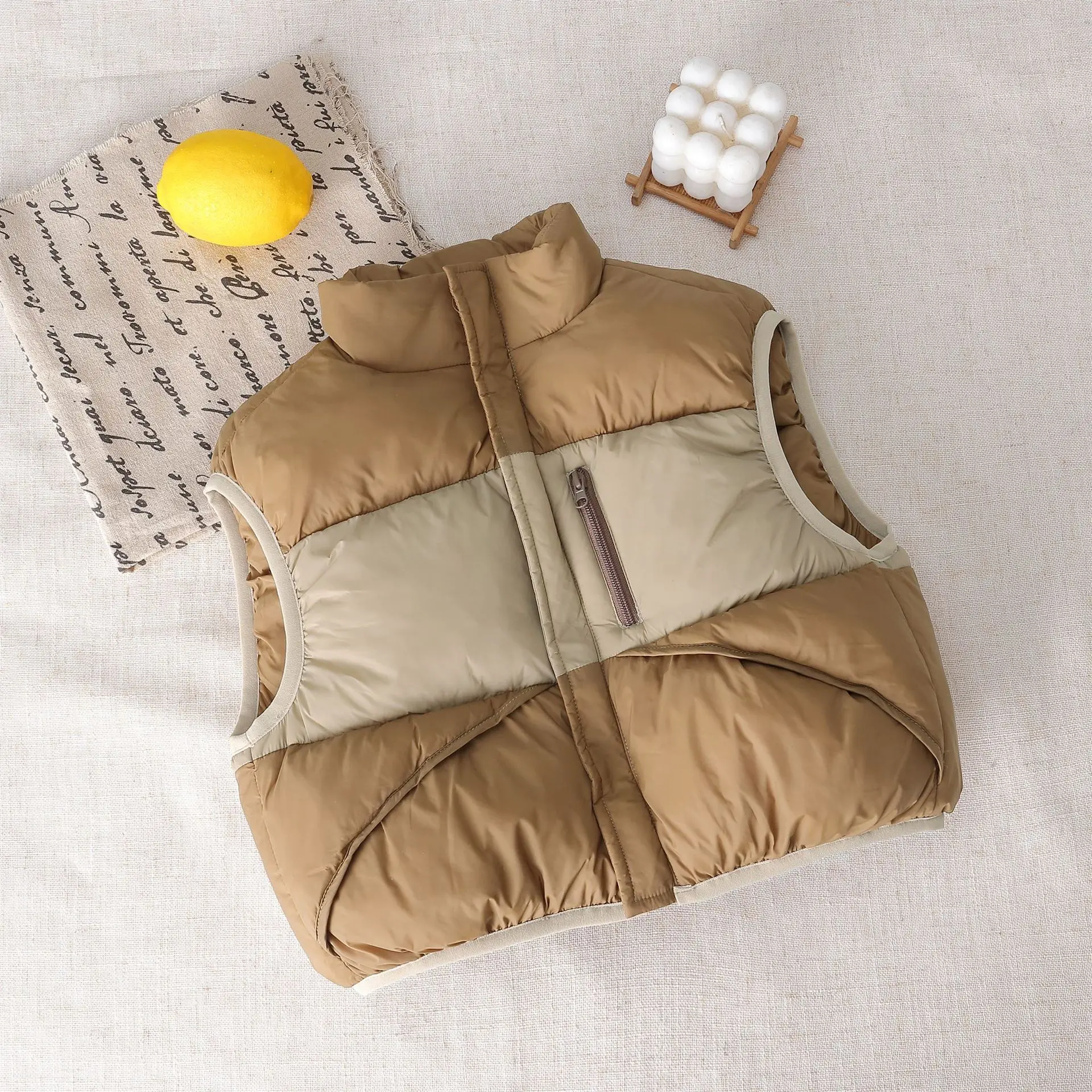 Spring New Cotton Padded Jacket Color Block Trendy Versatile Simple Casual Warm Stand Collar Vest Sleeveless Cotton Padded Vest