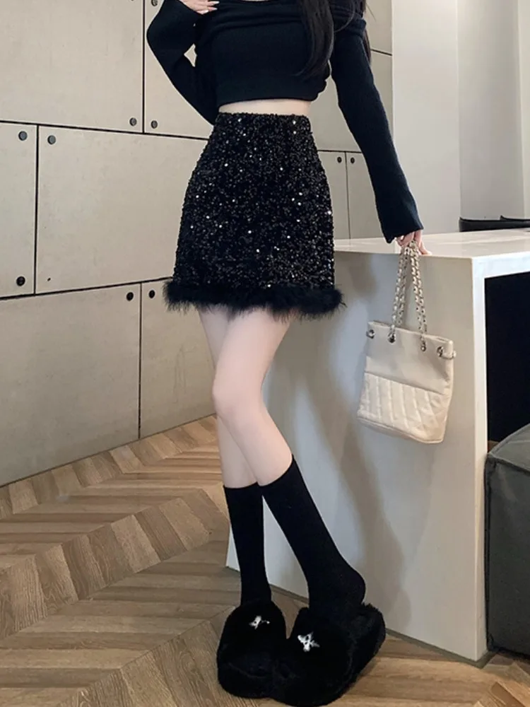 Modna spódnica z wysokim stanem, cekinowa, damska, nowa kolekcja jesień-zima 2025, spódnica w kształcie litery A, srebrna spódnica do połowy łydki.