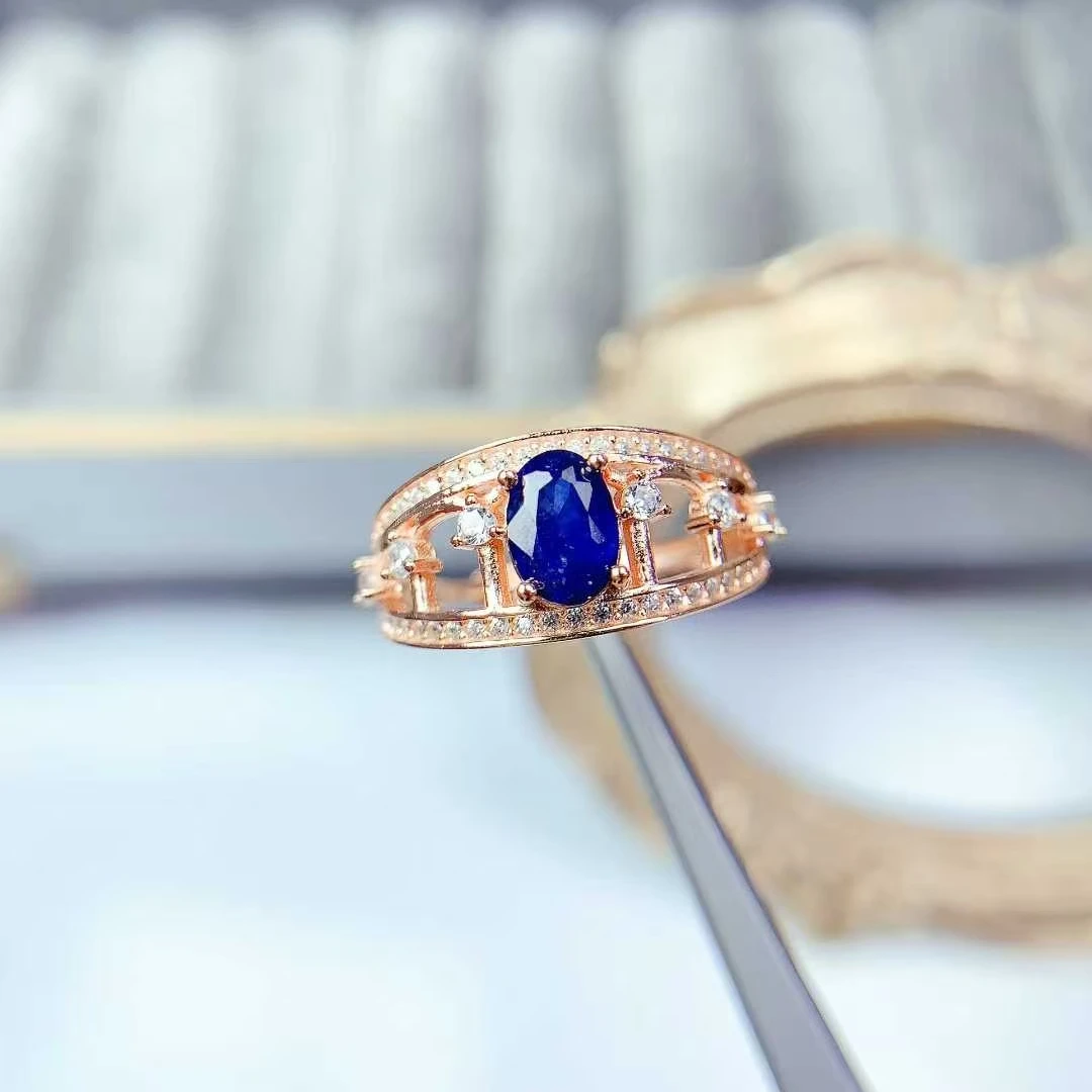 

Unique Design 925 Silver Gemstone Ring Natural Sapphire Ring 5mm*7mm 0.7ct Dark Blue Sapphire Jewelry with Thick Gold Plating