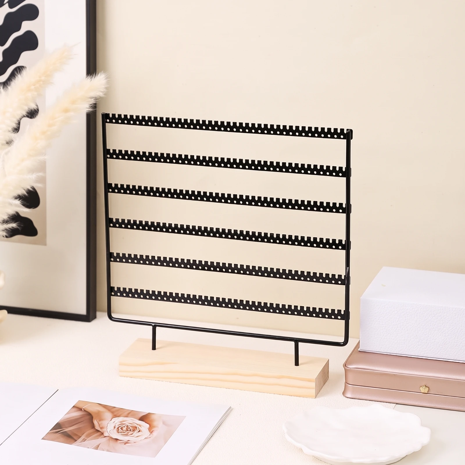 Earring Display Rack Freestanding Earring Holder with Wood Base Jewelry Display Stand with Wood Base Desktop Organizer