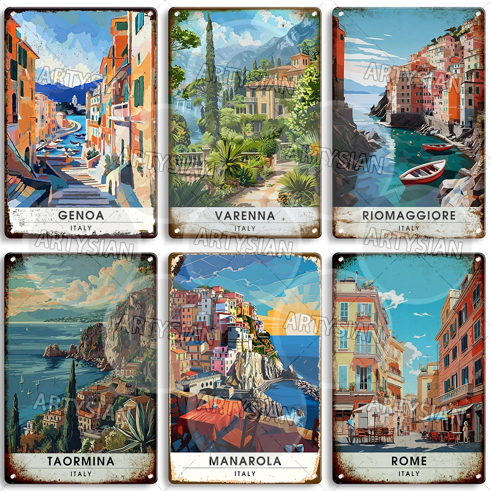 Italy Travel Metal Sign Genoa Palermo Manarola Corniglia Monterosso Riomaggiore Vernazza Rome Taormina Bellagio Bellano Plaque