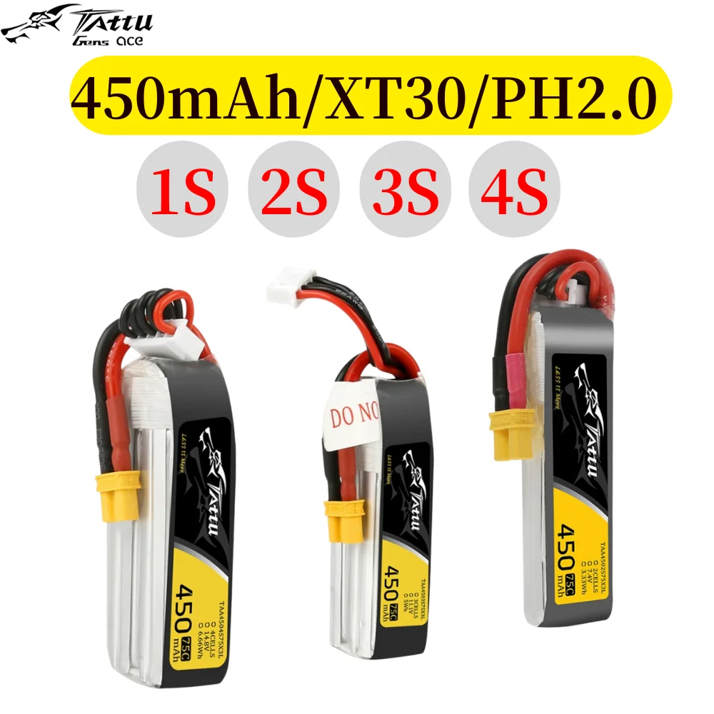 Ace Tattu Lipo Battery 7.4V 7.6V 450mAh 1S 2S 3S 4S 75C 95C with XT30/PH2.0 Plug Long Size RC Batteries for RC FPV Racing Drone