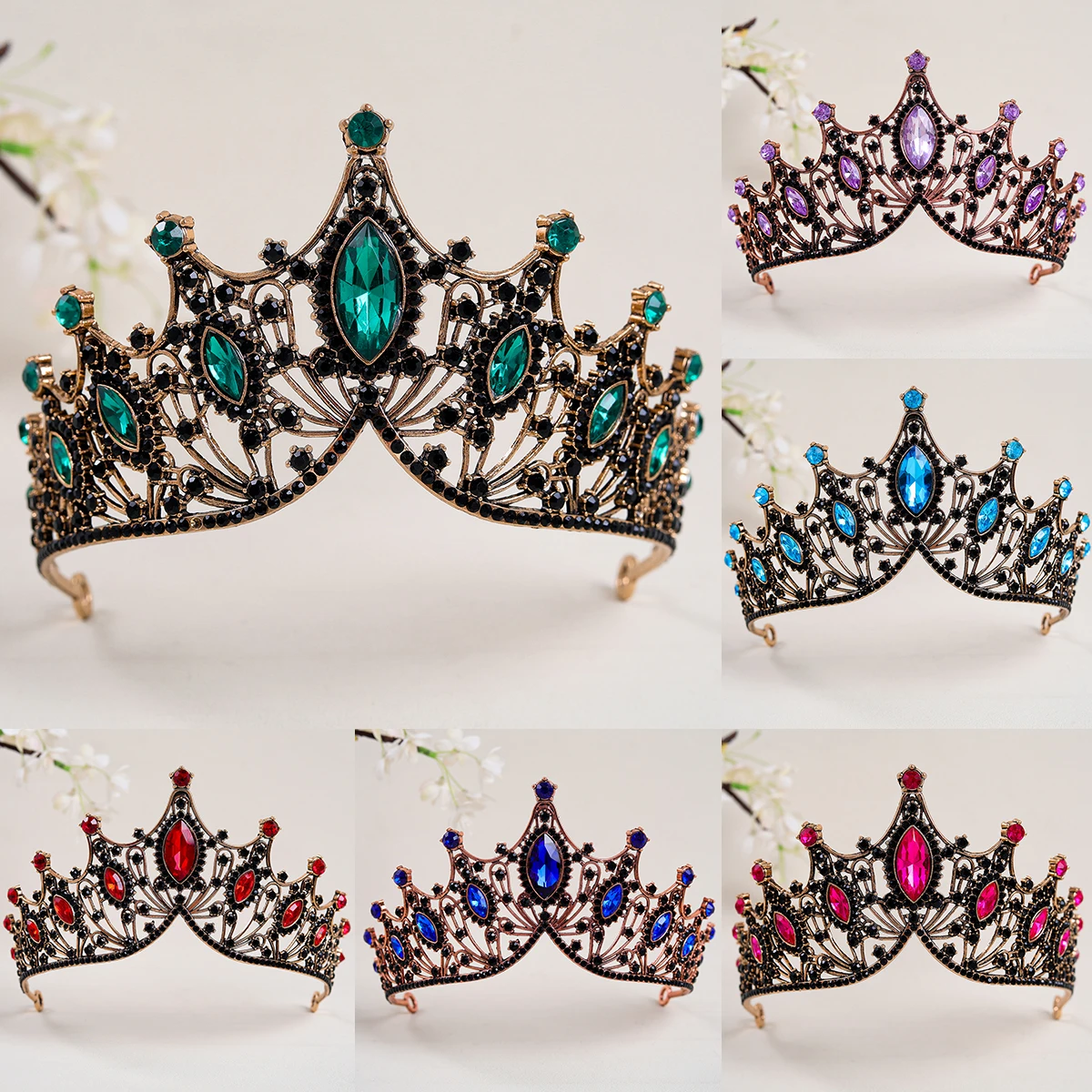 Baroque Vintage Black Crystal Rhinestone Crowns Wedding Hair Accessories Princess Queen Tiaras Diadems Halloween Party Jewelry