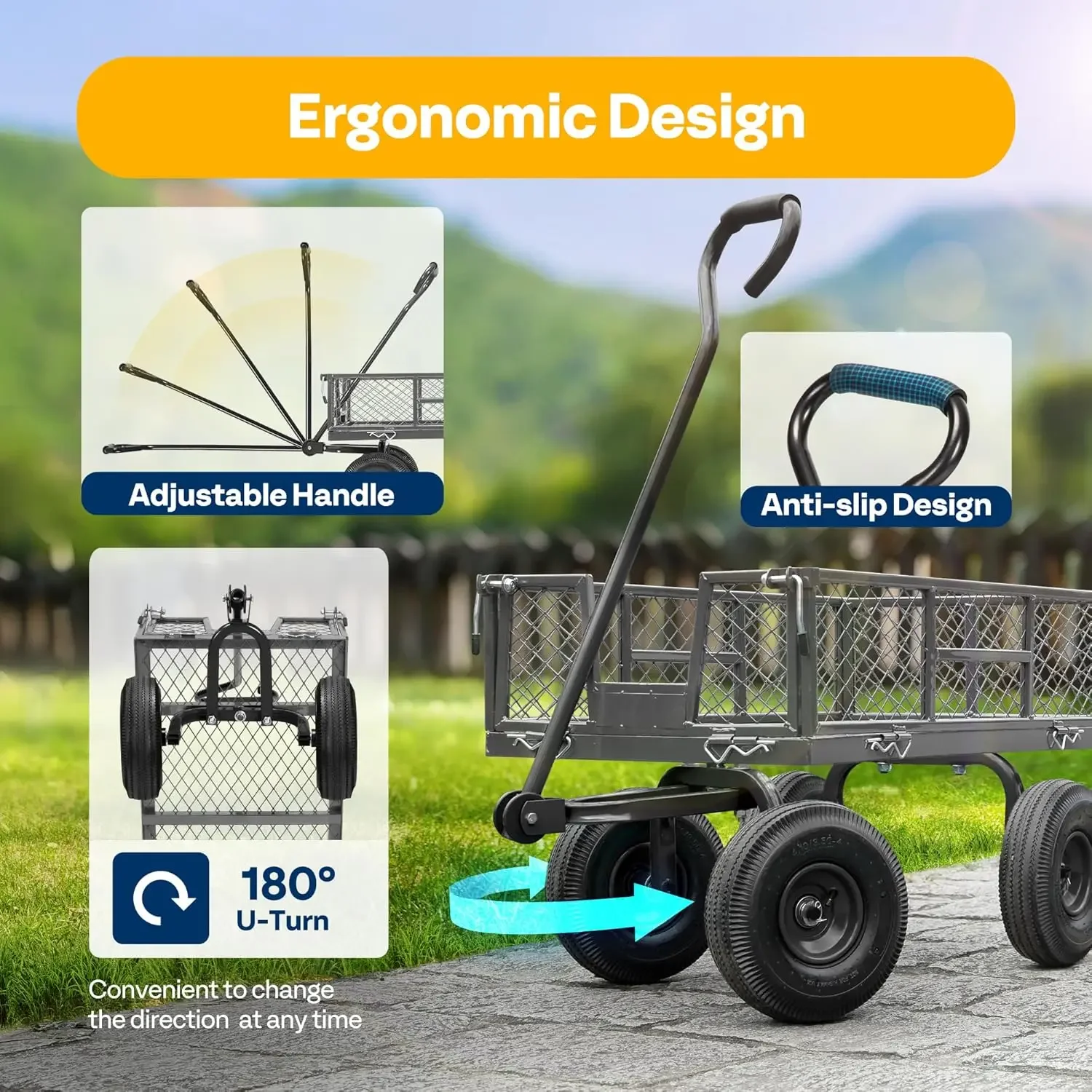 

Heavy Duty 880 Lbs Capacity Mesh Steel Garden Cart Folding Utility Wagon with Removable Sides and 4.10/3.50-4"