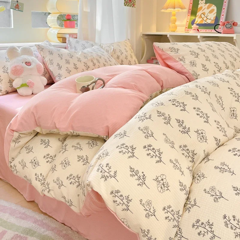 

Ins Pink Floral Bedding Set For Girls Couple Double Size Flat Sheet Duvet Cover and Pillowcase Soft Bed Linen Home Textile