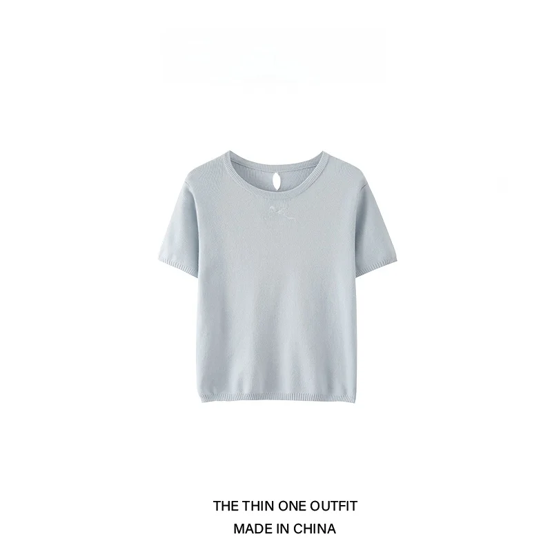 

Summer New Sle Women's ort Sve T-irt Knitted Ba Hollow out round Ne Knot Pure Desire Casual Top