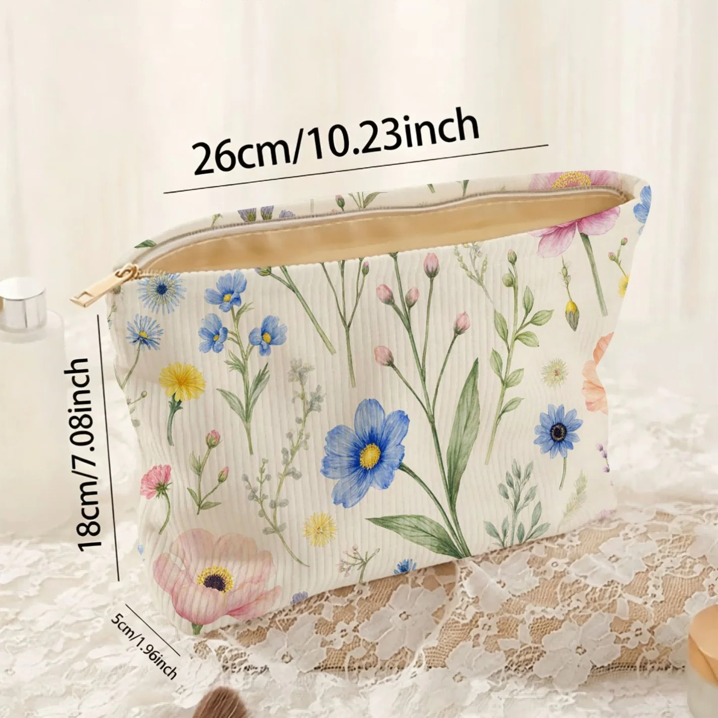 Floral Print Corduroy Makeup Bag - Aesthetic Botanical Zipper Pouch, Portable Cosmetic Organizer for Travel Storage Bag