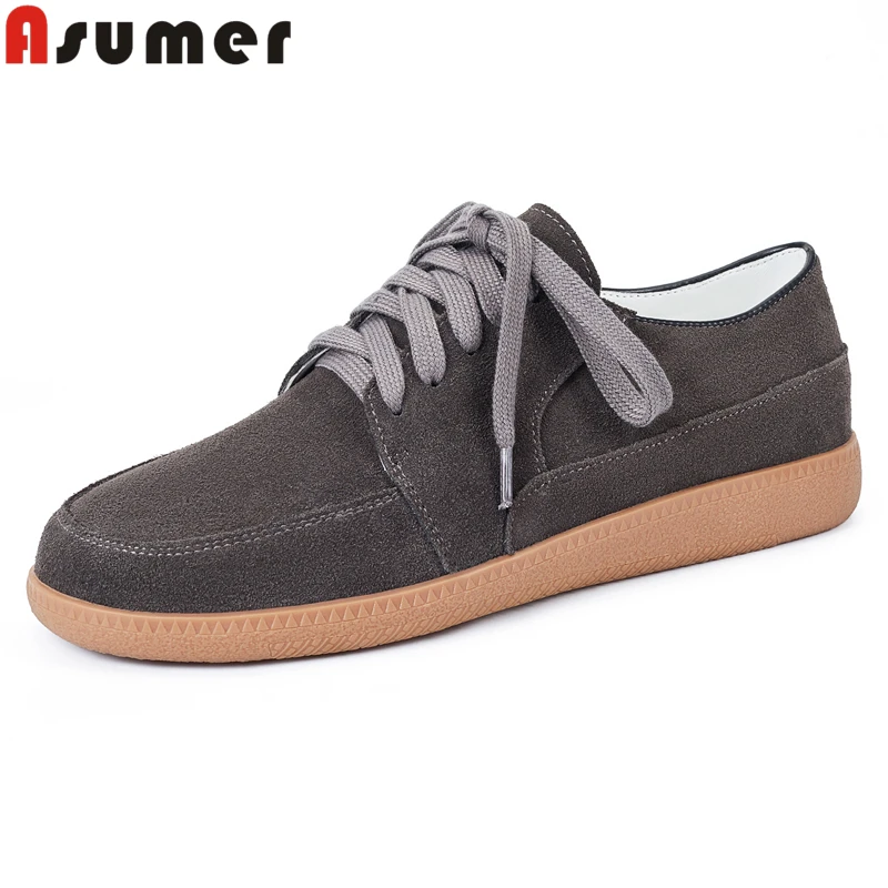 

Женские кроссовки ASUMER больших размеров (34-43), новые, из замши, на шнуровке, весна-осень, на плоской подошве, серые, модные, повседневные.