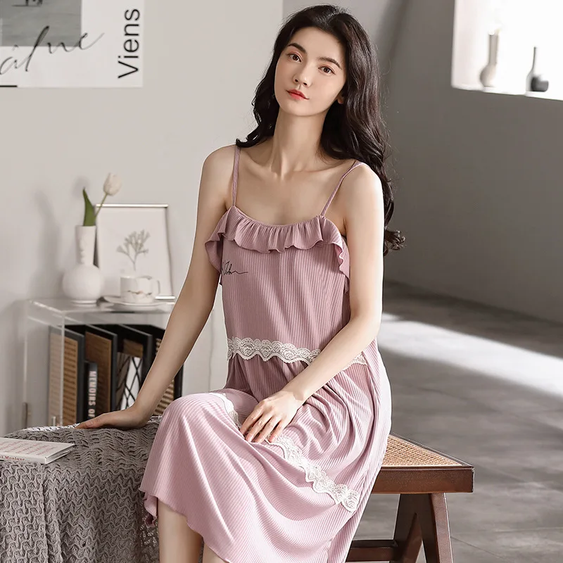 Women's Sexy Suspender Nightdress Modal Peplum Nightdress Summer Casual Comfortable Home Clothes Solid Color Nightgown