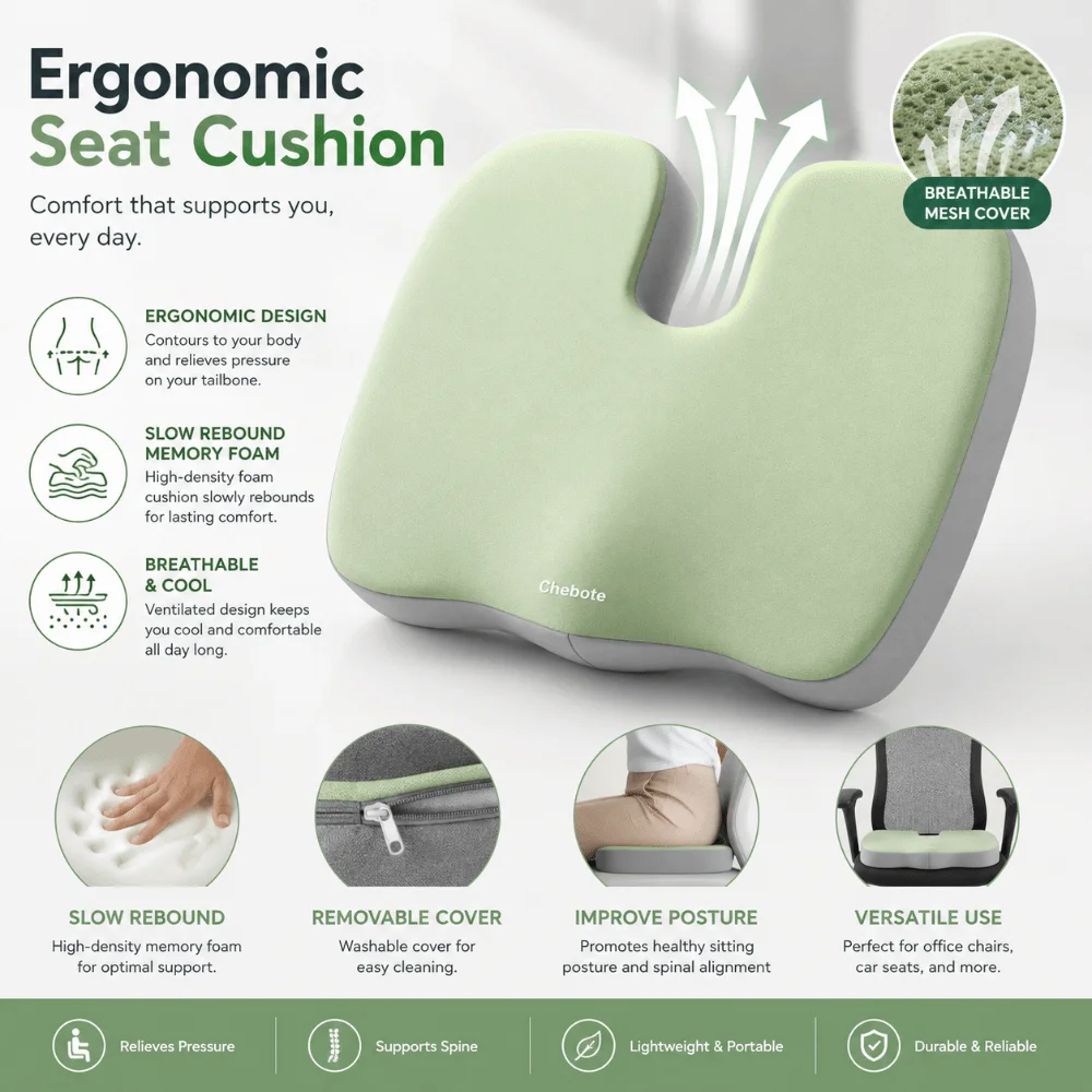 Slow Rebound Memory Foam Seat Cushion Orthopedic Support Non Slip Ergonomic Seat Cushion Pressure Relief Long Lasting