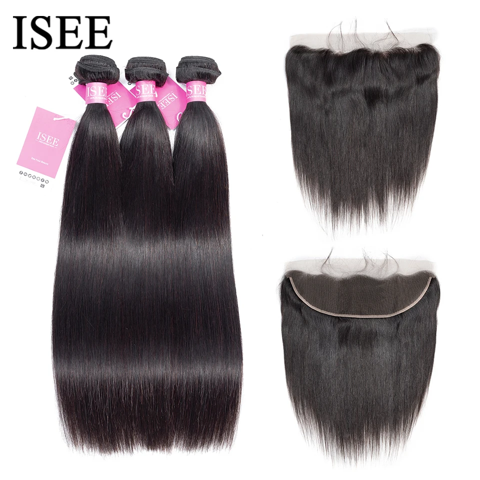 ISEE HAIR Straight Hair Bundles With Frontal 13*4 Lace Frontal With Bundles Brazilian Straight Human Hair Bundles With Frontal