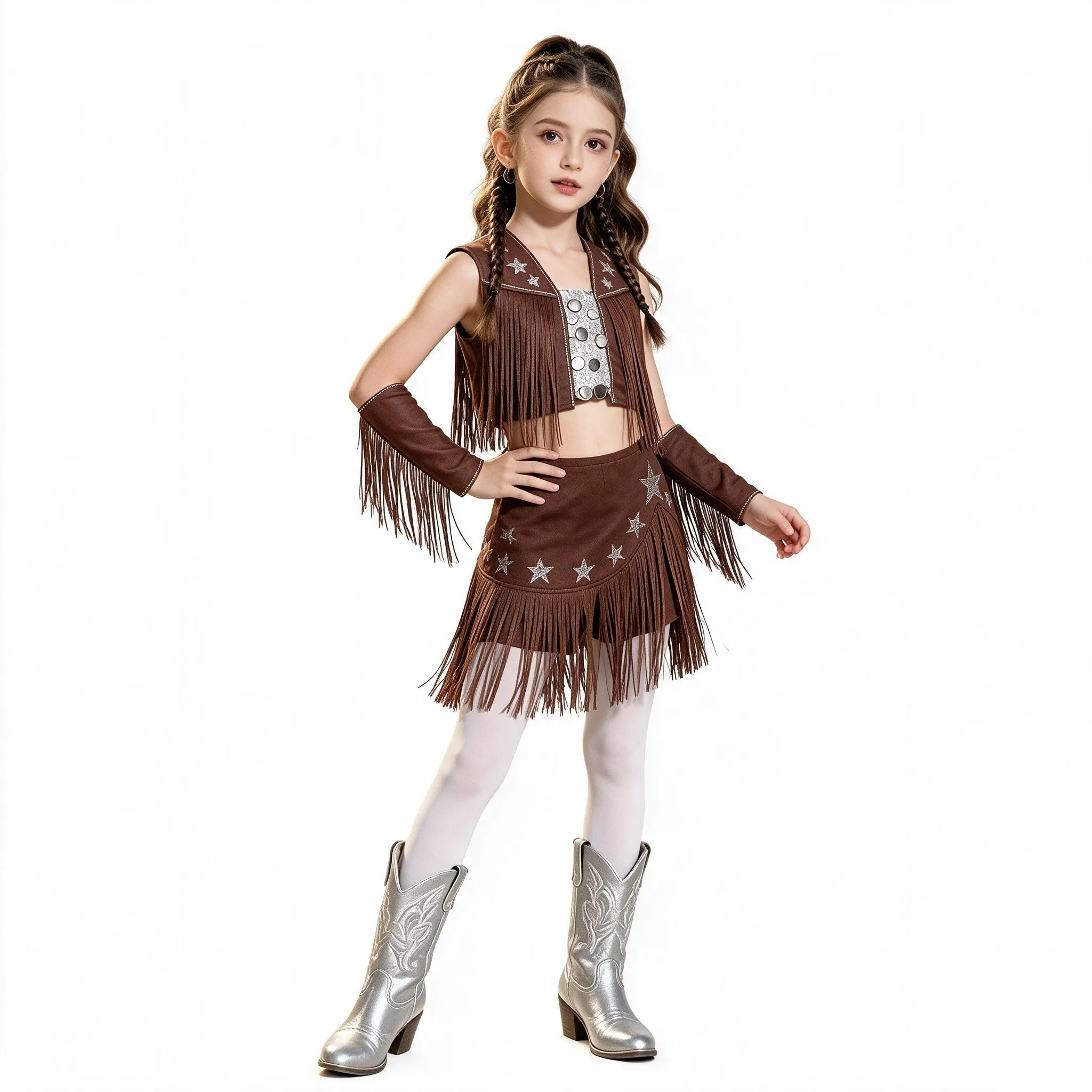 Kids Girls Halloween Carnival Western Cowgirl Costume Tassel Sequin Rhinestone Jazz Dance Crop Tops with Culottes Oversleeve Set