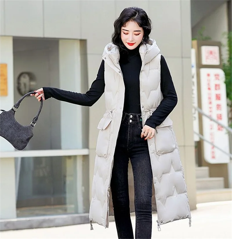 2023 New Women Winter Vests Hooded Long Bright Color Vest Cotton Padded Sleeveless Coat Female Waterproof Thick Waistcoat