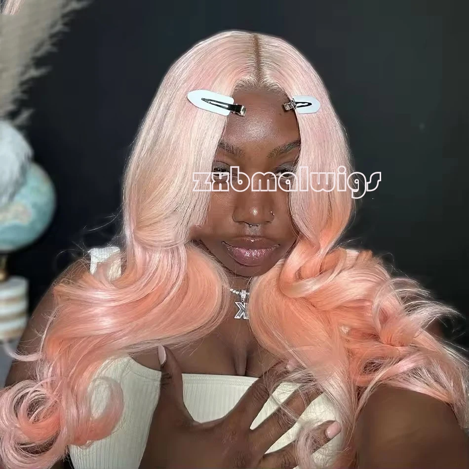 

ZXBMALWIGS Синтетические волосы 13x4 Парик фронта шнурка Розовые свободные волнистые парики Бесклеевое термостойкое волокно Парик шнурка Косплей Волокно
