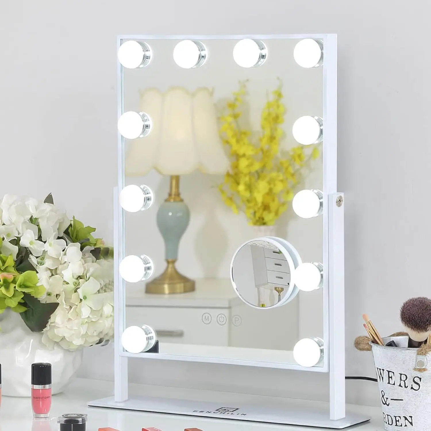 Mirror Vanity Makeup Mirror W/Light Smart Touch Control 3Colors Dimmable Light Detachable 10X Magnification 360°Rotation(White)